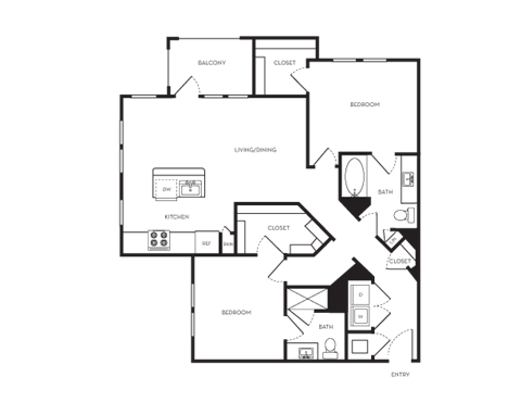 Floor plan for 2 beds, 2 baths, 1152 sqft